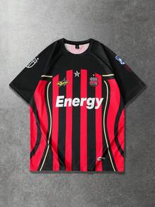 ROMWE MEN Prep Men's Letter & Stripe Print Round Neck Casual Short Sleeve T-Shirt - Black - View 3