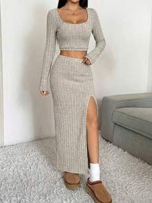 SHEIN EZwear 杏色针织女士紧身半身裙套装，春夏款 - 杏色 - 查看 5