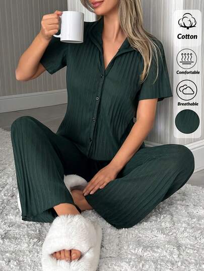 EURMUSE 100%Cotton Shirt Style Buttoned Striped SHORT SLEEVED&LONG PANTS 2 Pieces Pajama Set Green Pajama Set Women Lounge Wear Sets Button Up Pajamas Women Lounge Clothes Green Green Pj Set