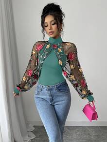 Chiquease 女士针织拼接网眼刺绣秋季T恤 - 水鴨藍 - 查看 4