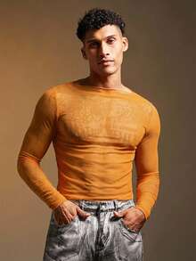 FeverCity Men's Sheer Sexy Long Sleeve T-Shirt - Orange - View 5