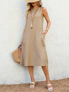 EMERY ROSE Women's Striped Round Neck Pocket Casual Loose Sleeveless Dress - Multicolor - View 6