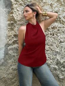 Jeta Ari Kemeja Hitam Body-Con untuk Kerja, Model Baru Musim Semi/Panas, Elegan, Sederhana, Cocok untuk Perjalanan Sehari-hari, Gaya Vintage Modern, Tanpa Lengan, Leher Asimetris, Model Halter, Tanpa Punggung, Dekorasi Pita - Burgundy - View 5