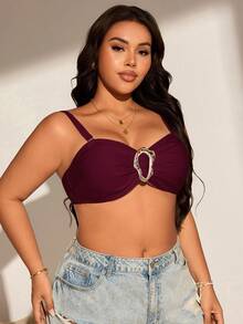 Swim Chiccia 大码女式纯色露肩金属装饰性感连体比基尼上衣，适合春季穿着 - 酒紅色 - 查看 4