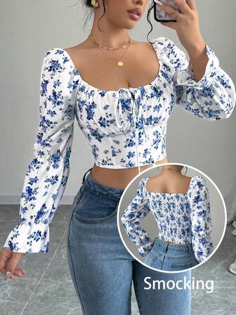 Rafferiza Vit Ditsy Blommig Bell Sleeve Dragsko Midja Dam Blus