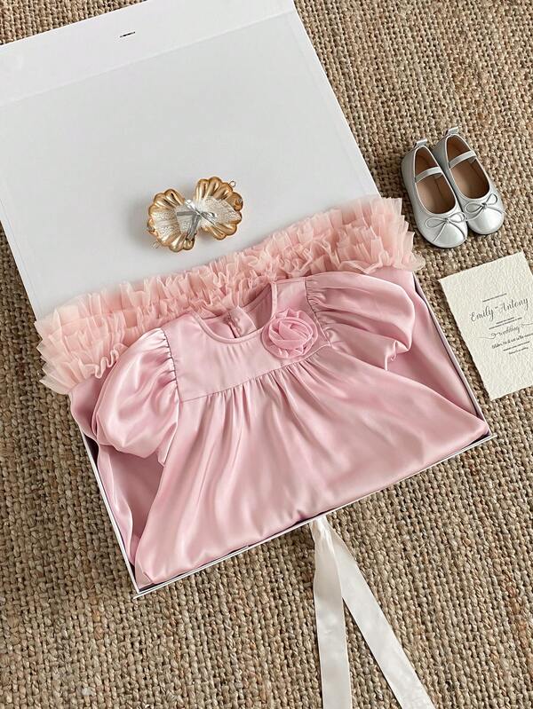 PrepCrw Young Girls' Elegant Ruffle Hem Puff Sleeve Dress