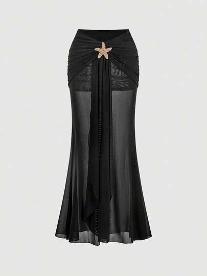 SHEIN MOD 女士沙滩度假休闲海星黑色网纱罩衫