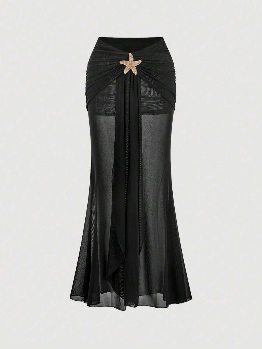 SHEIN MOD 女士沙滩度假休闲海星黑色网纱罩衫