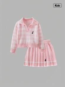 Sweetra Young Girl Autumn/Winter Casual Commuting School Style Rabbit Embroidery Gingham Pattern V-Neck Sweater And Pleated Skirt Set Fall - Pink - View 6