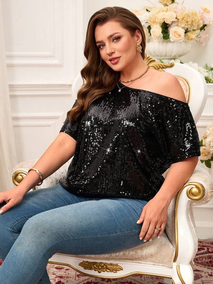 Plus Size Fashionable Commuter Asymmetric Collar Sequin Blouse, Sparkly Top, Elegant Women's Blouses