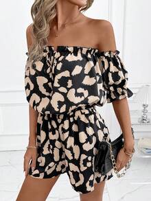 SHEIN Clasi Women's Leopard Print Off-Shoulder Tie Front Blouse And Shorts 2-Piece Set, Two Piece Set Women, Conjunto De 2 Piezas Para Mujer Elgante, Leopard Print - Multicolor - View 4
