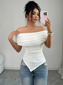 Rafferiza Women's Off-Shoulder Ruffle Asymmetric Hem Fitted T-Shirt, Spring/Summer - Apricot - View 3