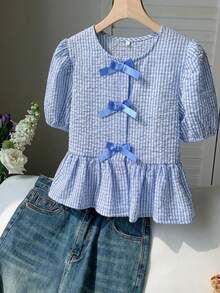 Tween Girls Casual Versatile Resort Floral Sweet Round Neck Puff Sleeve Open Front Bow Plaid Ruffle Hem Short Sleeve Blouse
