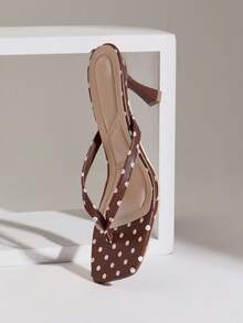 SHUZIA Women's Minimalist Fashion Comfy Dot Print Square Toe Stiletto Heel Thong Sandals - Coffee Brown - View 4