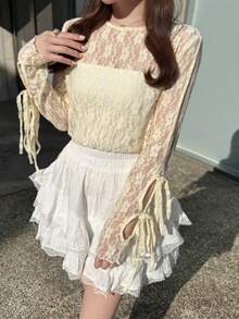 FRIFUL Áo kiểu nữ cổ tròn, tay dài, thắt nơ, viền ren, thích hợp cho kỳ nghỉ hè, mùa xuân, áo dài tay cho nữ. - trắng - Xem 6