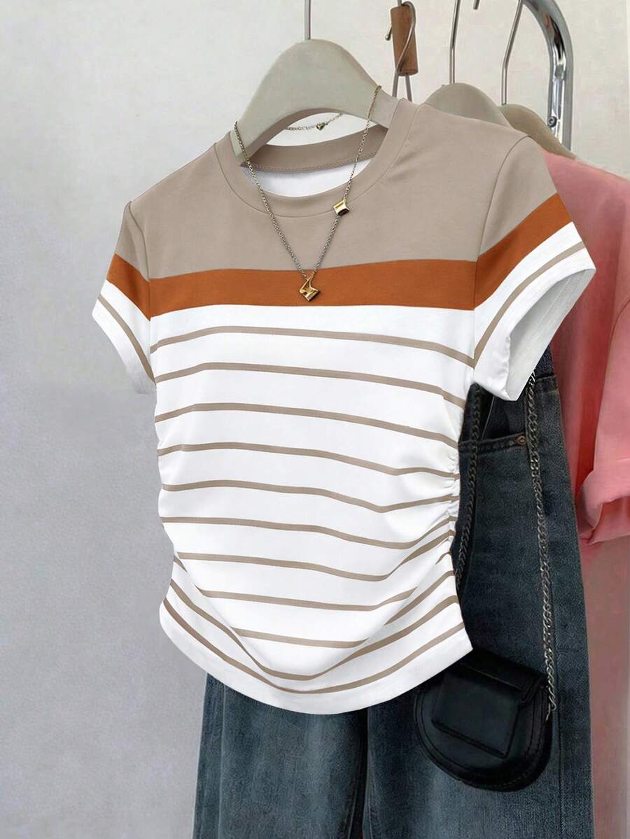 Franclia Women's Outdoor Tops, Summer New Arrival, Graphic Design, Multicolor Striped, White, Back To School, Outdoor Wear, Fitted Ruched Waist T-Shirt, Women's T-Shirt - Multicolor - View 1