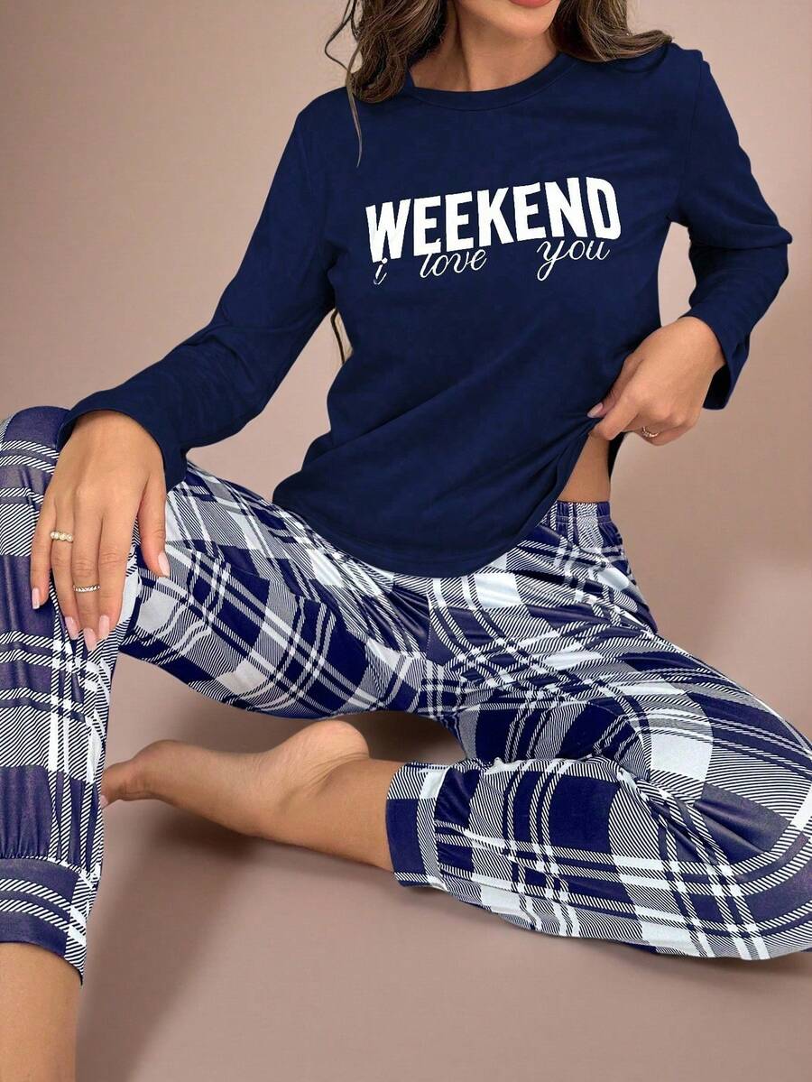 Lazeform Slogan & Plaid Printed Pajamas Set, Fall Winter Clothes Cozy And Elegant Details