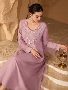 Al Najma Fashionable New Embellished Collar Women's Arabic Style Dress - Dusty Pink - View 1