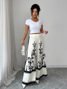 SHEIN Elenzya Women's Elegant Printed Wide Leg Pants, Summer - Apricot - View 7