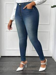 SHEIN SXY Plus Size Women Casual High Waist Skinny Jeans, Versatile & Minimalist - Dark Wash - View 4