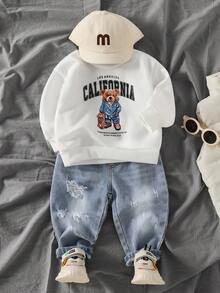 SHEIN 2pcs Baby Boy Casual Set: Round Neck Long Sleeve Bear & Letter Print Sweatshirt And Denim Pants Baby Boy Clothes Long Sleeve Baby Boy Clothes Streetwear Baby Boys Outfit Boy California Outfit Baby Boys Tracksuits Baby Casual Outfit  Baby Boy Fall Outfits Winter - Multicolor - View 1