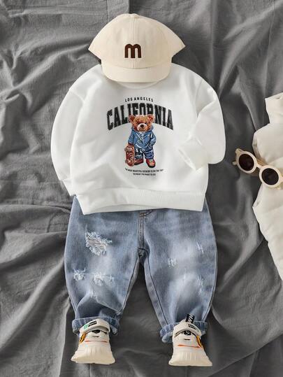 SHEIN 2pcs Baby Boy Casual Set: Round Neck Long Sleeve Bear & Letter Print Sweatshirt And Denim Pants Baby Boy Clothes Long Sleeve Baby Boy Clothes Streetwear Baby Boys Outfit Boy California Outfit Baby Boys Tracksuits Baby Casual Outfit  Baby Boy Fall Outfits Winter