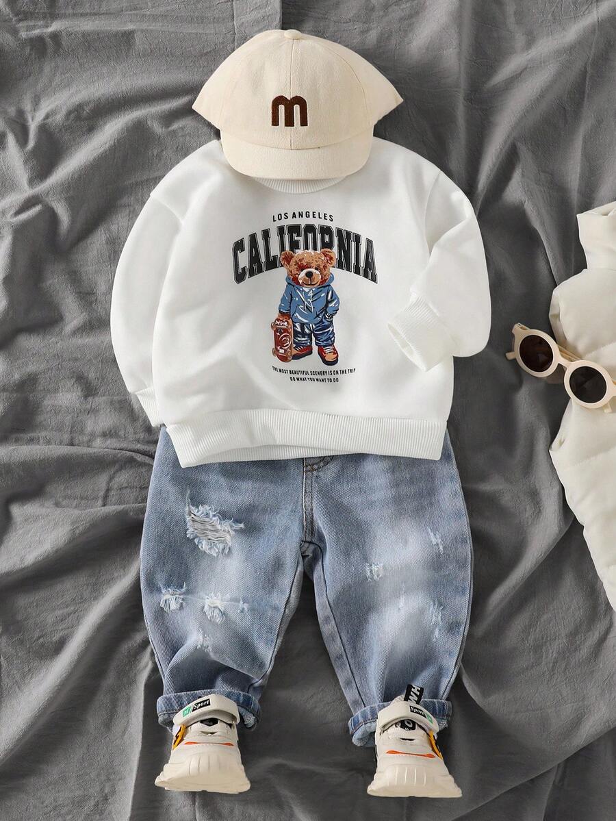 SHEIN 2pcs Baby Boy Casual Set: Round Neck Long Sleeve Bear & Letter Print Sweatshirt And Denim Pants Baby Boy Clothes Long Sleeve Baby Boy Clothes Streetwear Baby Boys Outfit Boy California Outfit Baby Boys Tracksuits Baby Casual Outfit  Baby Boy Fall Outfits Winter - Multicolor - View 1