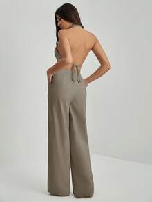 SHEIN Tall 办公室女士V领露背无袖上衣+阔腿裤，修身显瘦套装 - 灰色 - 查看 3