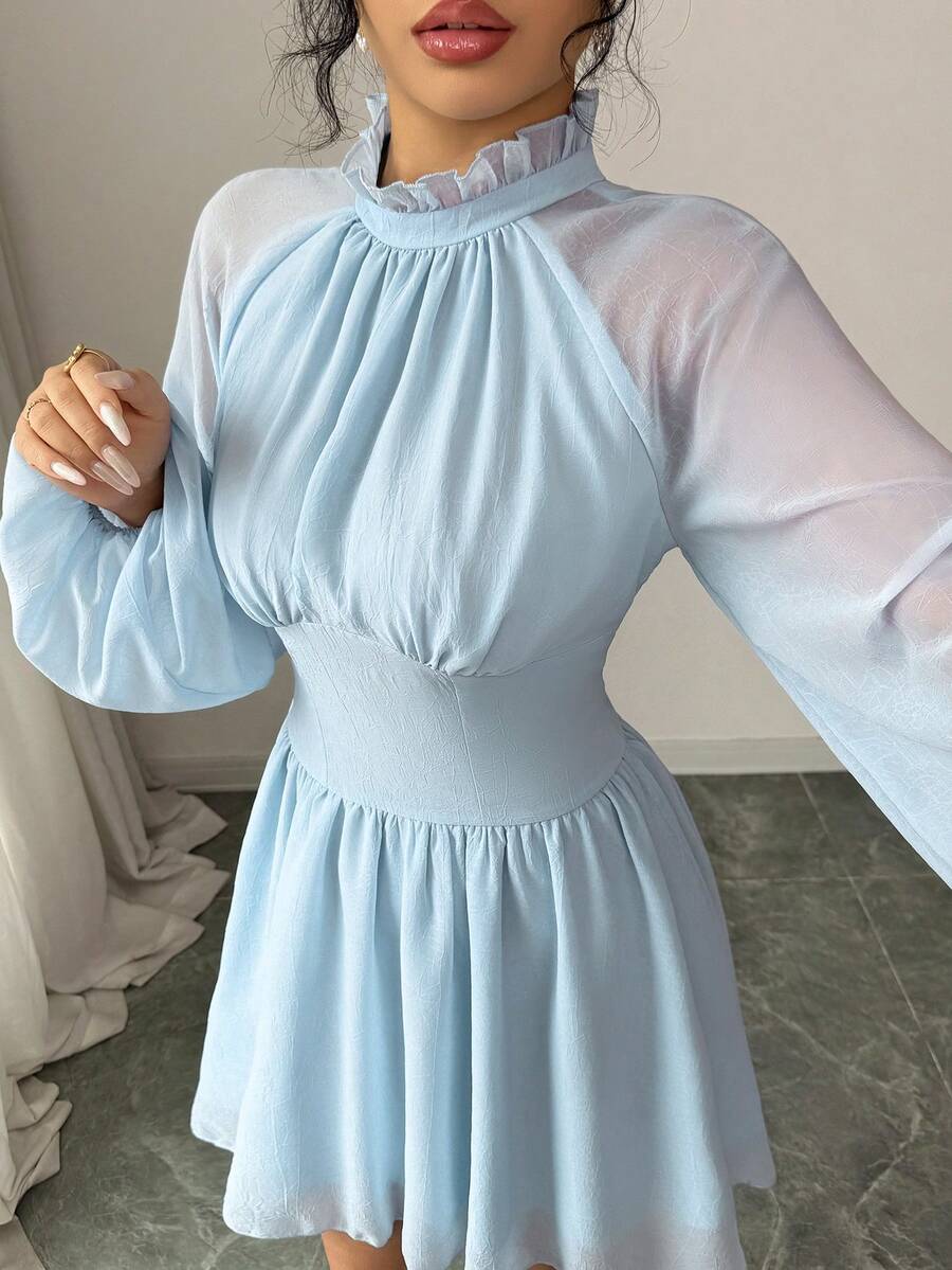 Modelyn 女士立领灯笼袖短款喇叭连衣裙 - 藍色 - 查看 1