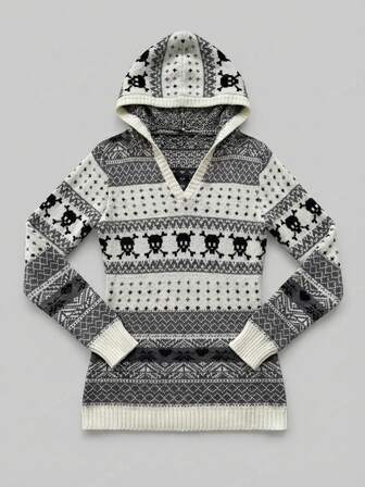 J-Fashion Sudadera con capucha de mujer con estampado jacquard de calavera de Halloween, para otoño/invierno