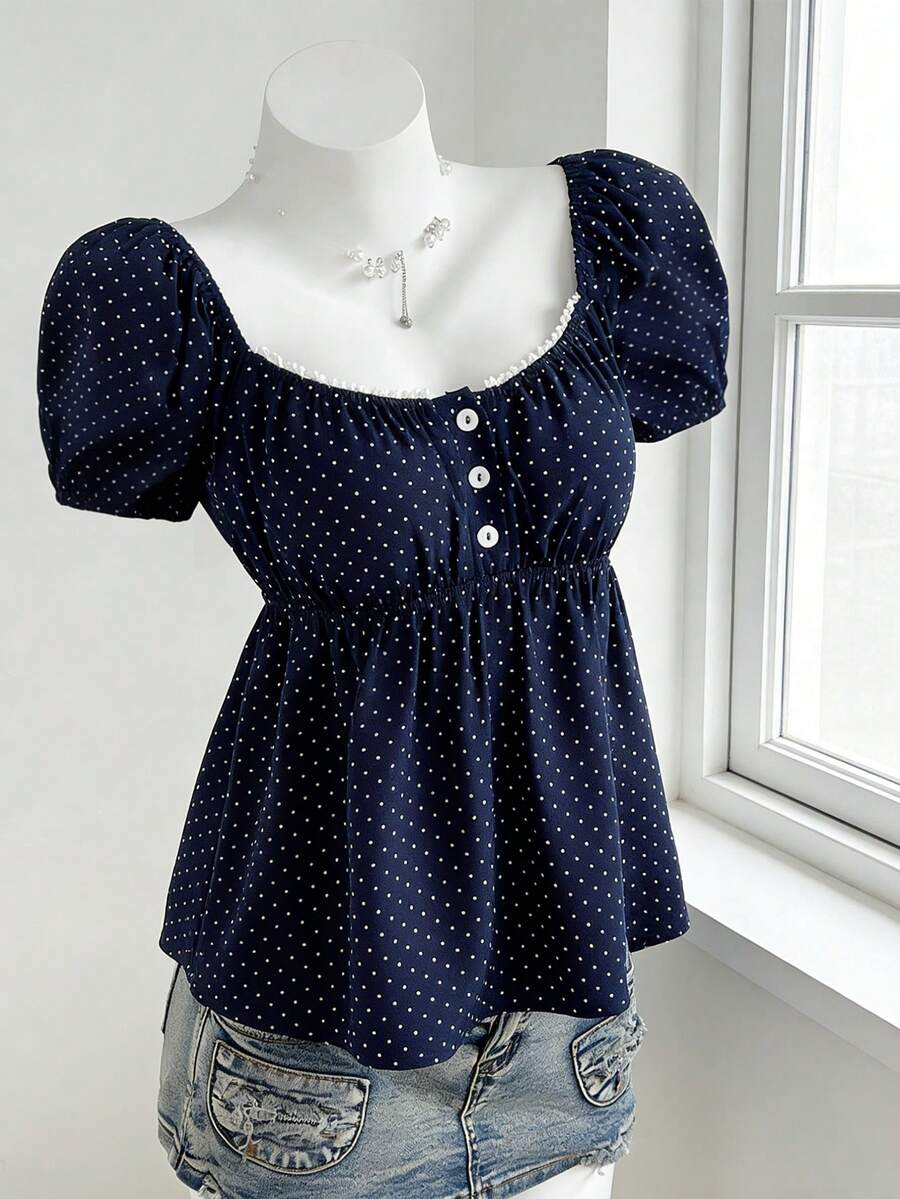Sweetra Plus Size Women Comfortable Square Neck Polka Dot Print Short Sleeve Blouse