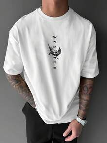 Manfinity Dauomo 男士休闲天使印花圆领落肩短袖T恤，夏季款 - 白色 - 查看 2