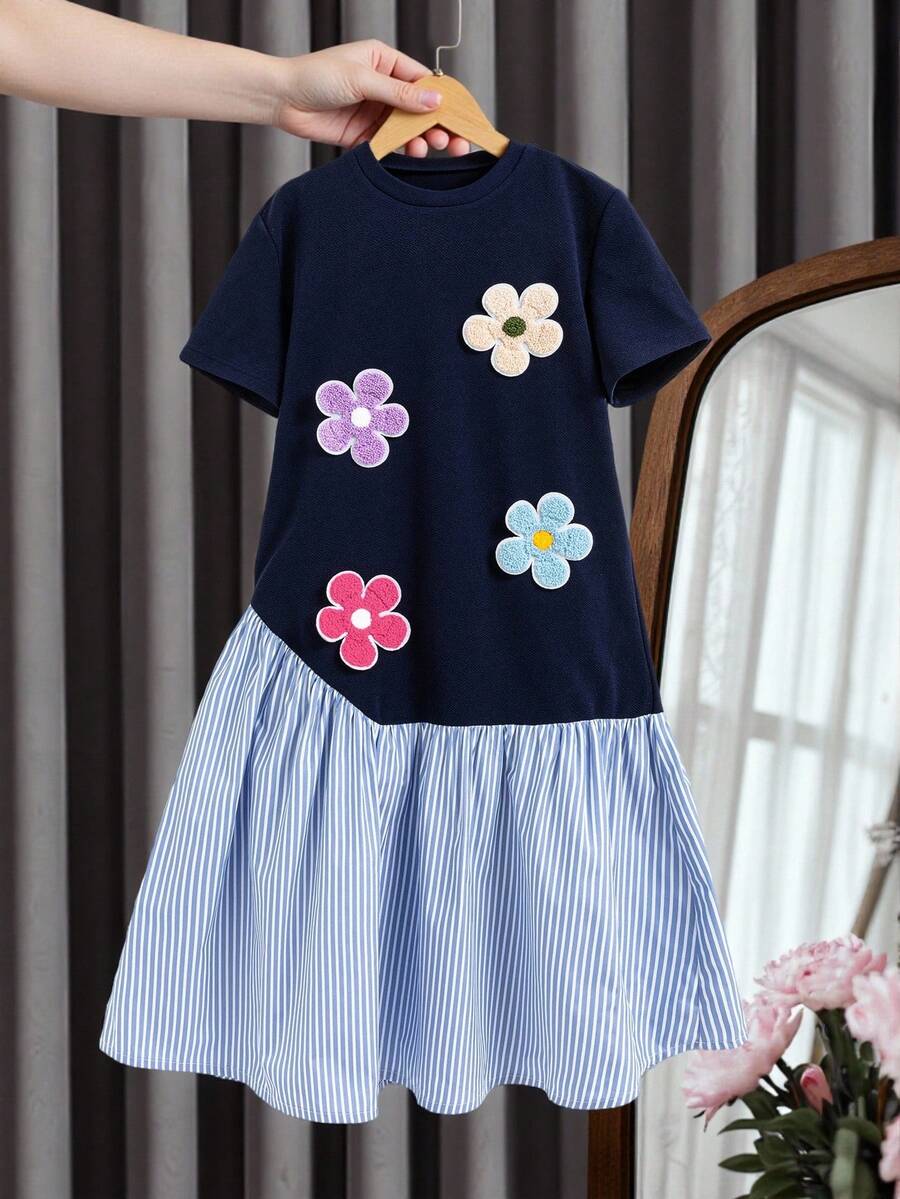SHEIN Tween Girls' Back-To-School Summer Casual School Navy Blue Floral Patchwork Striped Print 2 In 1 Dress,Fashion Vacation Flower Spring Kids Clothes