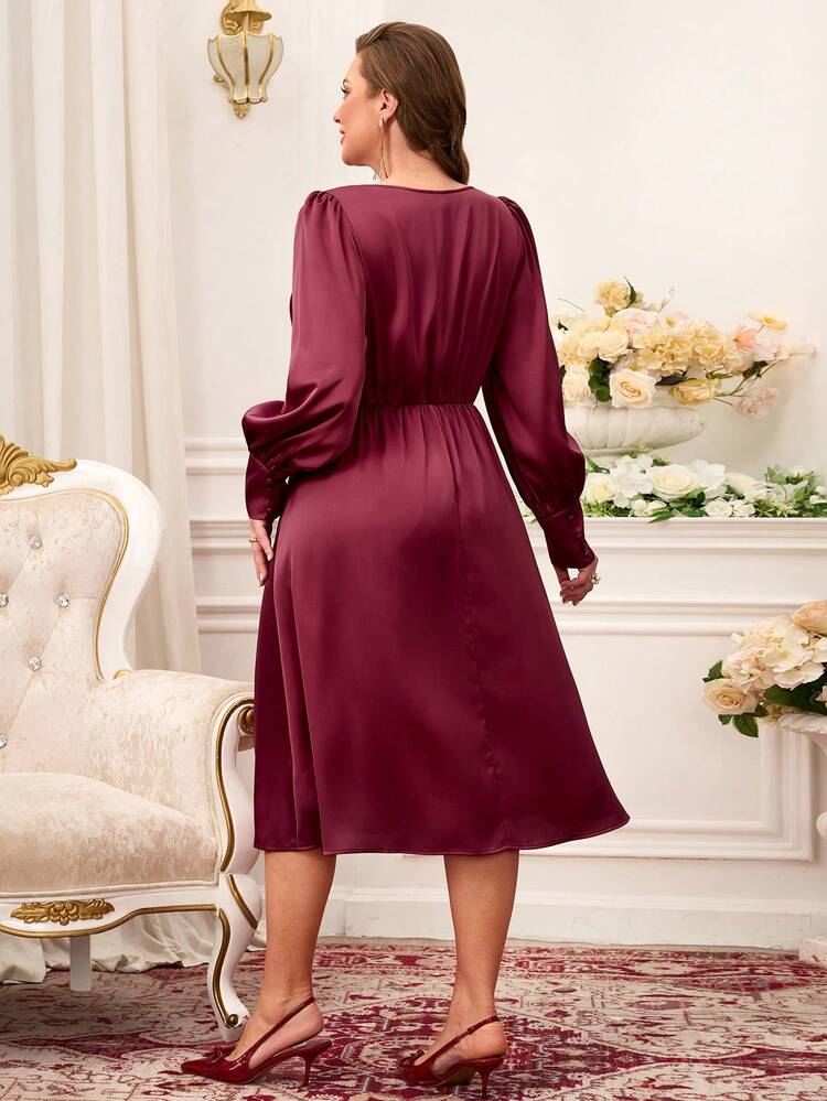 Plus Size Satin Burgundy Waist Cinching Dress, Valentine Outfits For Women ,Wedding Guest Dress,Vacation/Summer/Spring