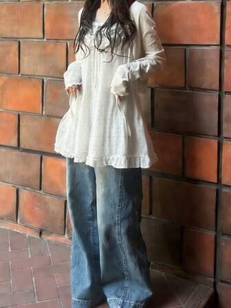 FRIFUL Camiseta holgada de mujer con estampado de lunares, parches y volantes