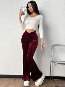 SHEIN EZwear 女士酒红色丝绒针织喇叭裤 - 酒紅色 - 查看 6