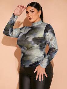 SHEIN BAE Áo dài tay cổ cao dáng rộng cỡ lớn dành cho mùa thu đông, chất liệu lưới xuyên thấu, họa tiết vân đá nâu, kiểu dáng đa năng, gợi cảm. - Nhiều màu - Xem 5