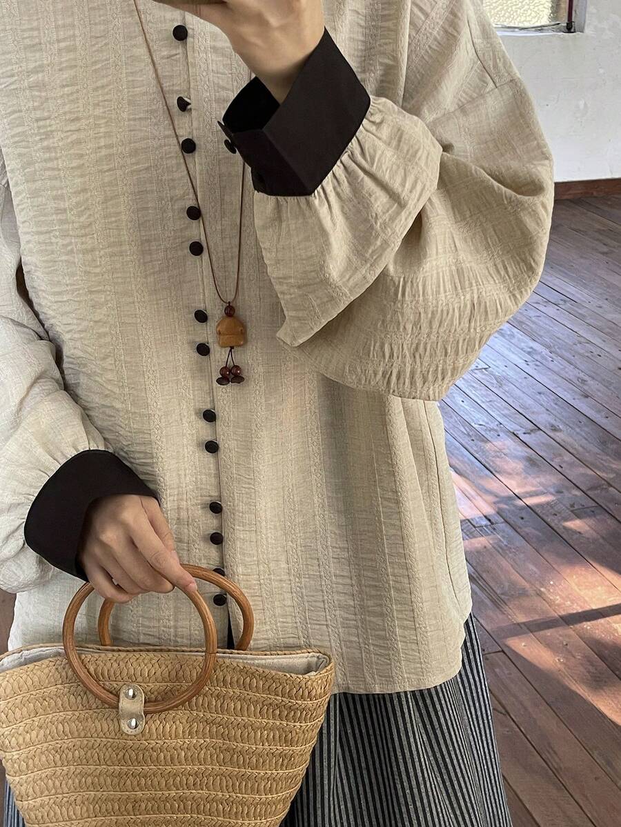 FRIFUL Women's Contrast Texture Fabric Contrast Button Design Loose Casual Versatile Shirt - Grey - View 1