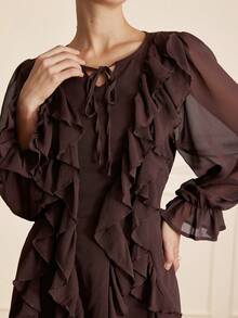 Aveloria Rosie French Ruffle V-Neck Asymmetrical Layered Long Sleeve Dress - Brown - View 4