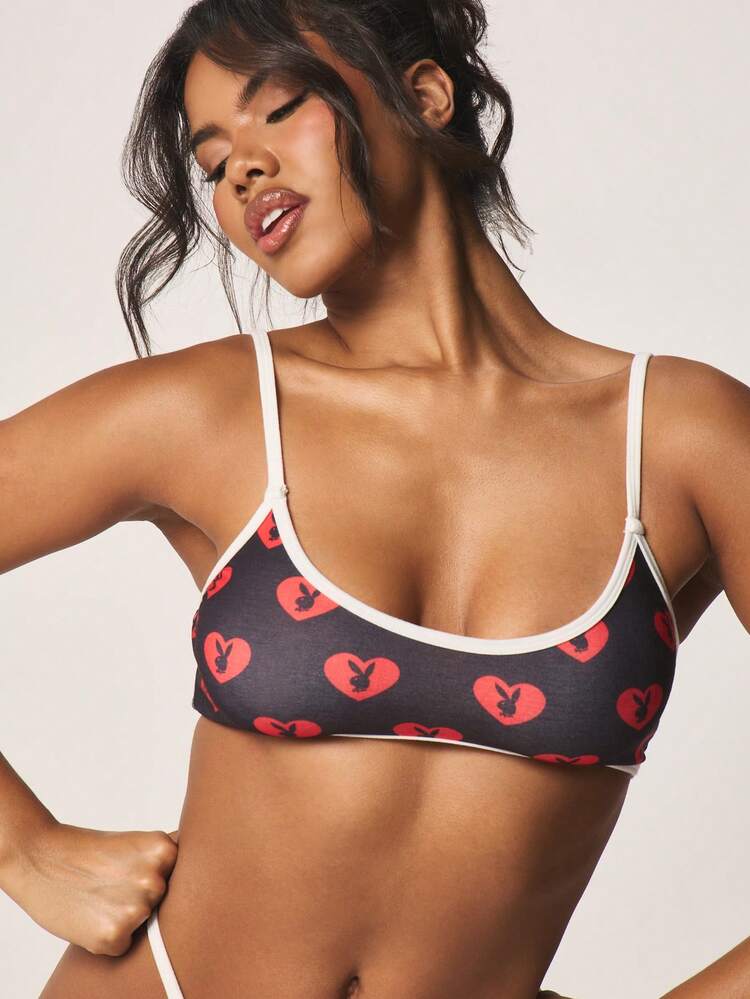 Missguided x Playboy Printed Heart Pattern Bra And Thong Lingerie Set With White Contrast Trim Two Piece Intimate Underwear For Valentine