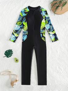 SHEIN 少女碎花印花拉链长袖连体泳衣，适合夏季穿着 - 彩色 - 查看 2