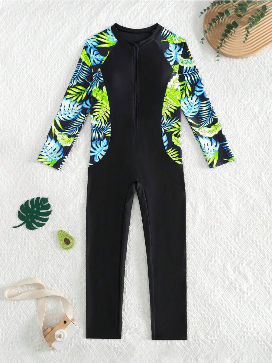 SHEIN 少女碎花印花拉链长袖连体泳衣,适合夏季穿着 - 彩色 - 查看 1