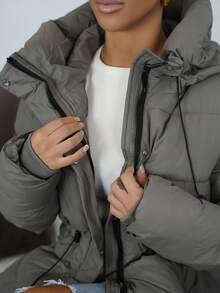 SAYEHFBABY Fashionable Casual Adjustable Waist Quilted Mid-Length Hooded Padded Padded Coat Clothes Winter For Women  - Grey - View 3