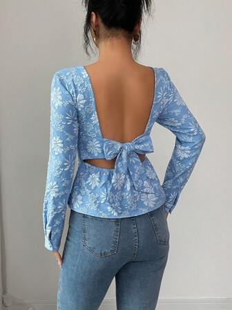 Rafferiza 女士衬衫，春季长袖露背蝴蝶结设计