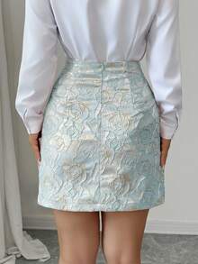 Elenzga Light Blue High-Waisted A-Line Jacquard Skirt,Summer Elegent Tea Party Fashionable Minimalist Design For Daily Commute,Fall,Halloween,Back To School - Blue - View 2