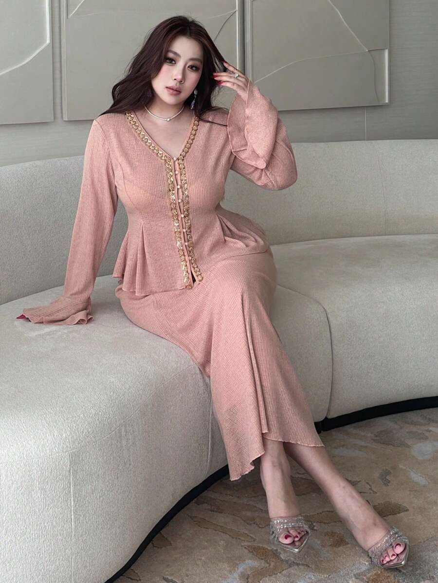 Dazy Plus 2pcs/Set V-Neck Rhinestone Trim Flare Sleeve Fitted Top & Stretchy Elegant Long Skirt Set, Pink - Baby Pink - View 1