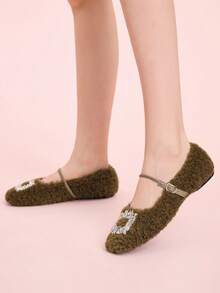 CUCCOO DOLLMOD Mocasines planos de felpa con decoración de strass ajustable para mujer, adecuados para el uso diario, otoño/invierno - Marrón - Ver 4