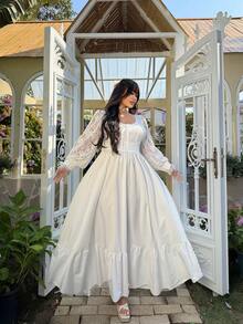 Flirla 春夏秋三季新款甜美优雅纯色撞色蕾丝灯笼袖U领A字连衣裙，收腰显瘦长款飘逸裙摆波西米亚公主风吊带裙 - 白色 - 查看 8