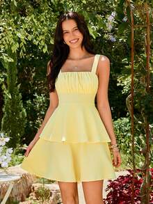 Vivid Eden 女士褶裥吊带荷叶边下摆黄色连衣裙，适合春夏及度假穿着 - 淡黃色 - 查看 8