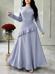 Feyla 大码女士优雅水钻装饰不对称荷叶边腰身派对连衣裙 - 藍色 - 查看 3